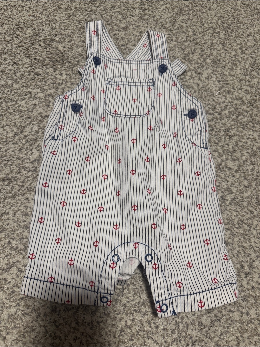 Carter's White Pinstripe Overalls with Red Anchor Print
